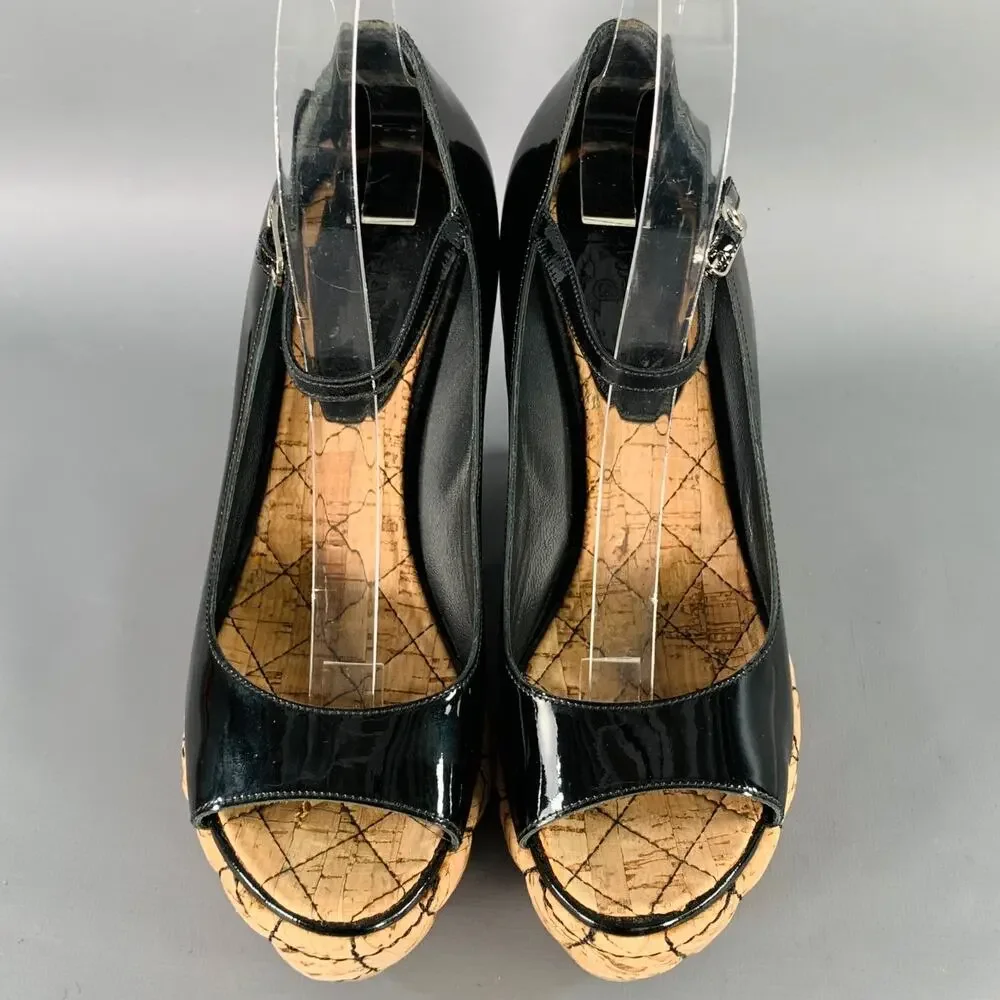 CHANEL 6.5 Black Natural Patent Leather Quilted Cork Peep Toe Platform Pumps